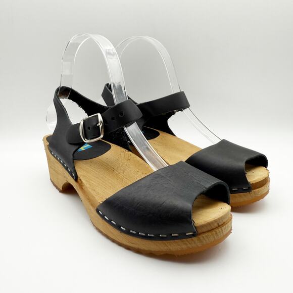 MIA Womens ANJA Clogs EU 37 US 6.5 Black Leather Wooden Heel Peep Toe NIB - Picture 5 of 11